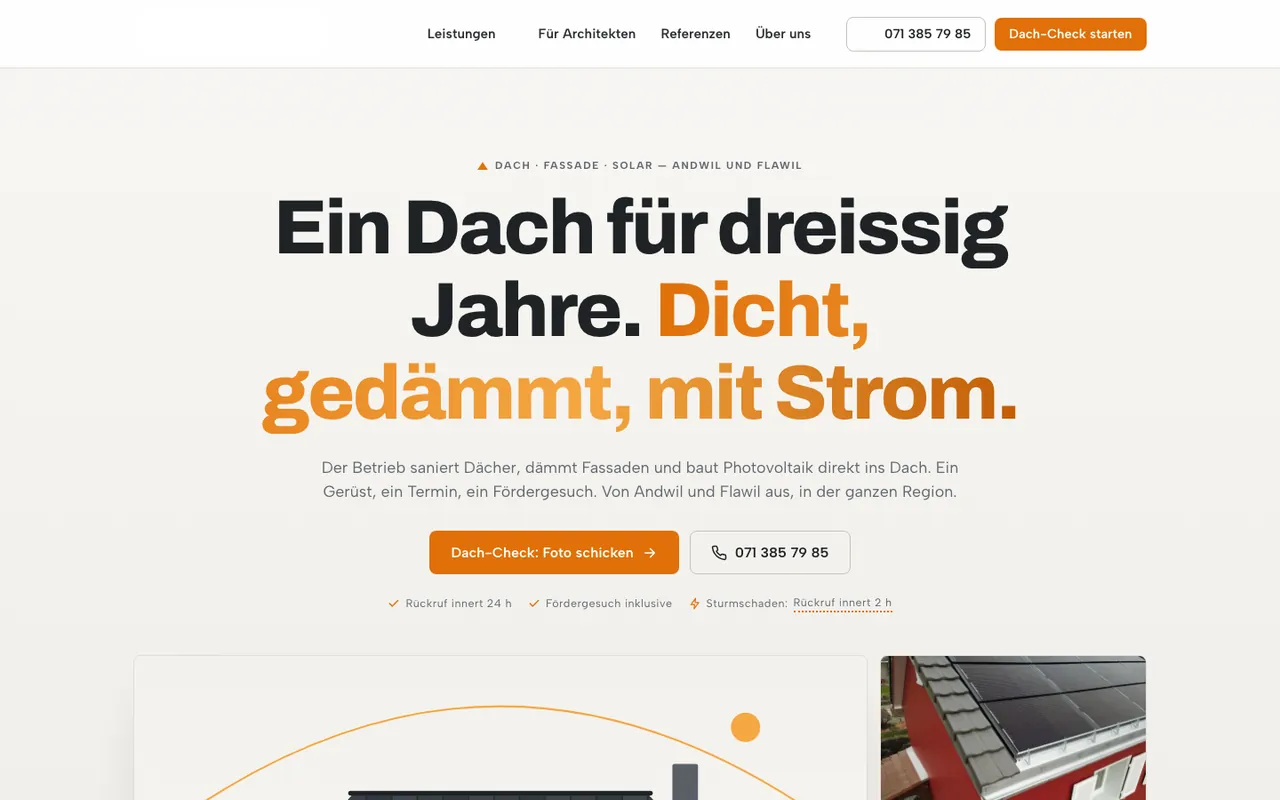 Website für einen Dachdeckerbetrieb am Desktop