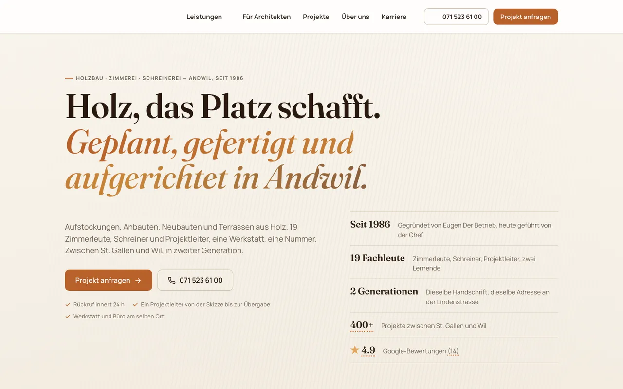 Website für einen Holzbaubetrieb am Desktop